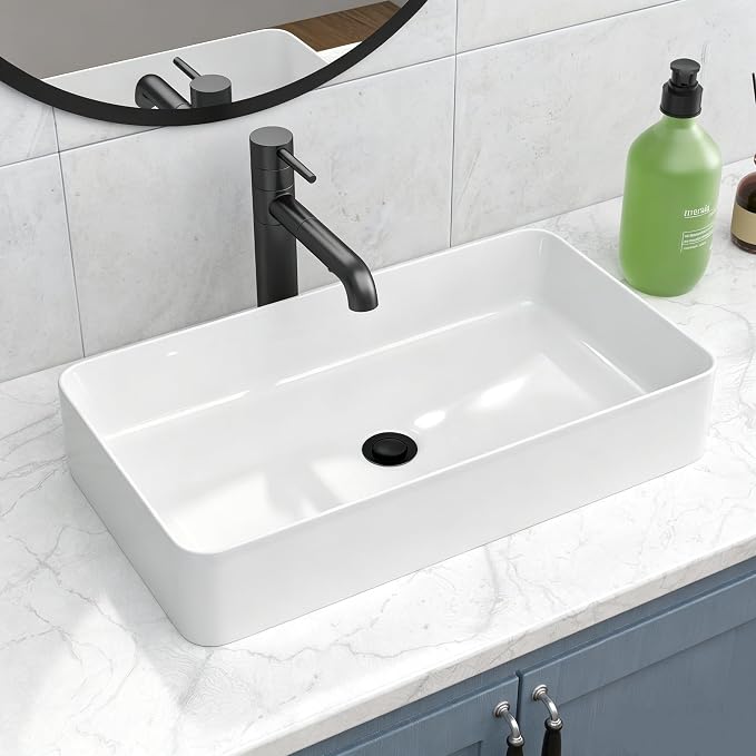24 Inch Rectangular Bathroom Sink White Above Counter | 24"x14" Large Bathroom Sink Modern White Porcelain Ceramic Above Counter Vanity Sink Countertop Vessel Sink Art Basin