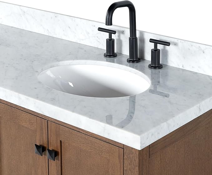 ARIEL Cambridge 72-inch Bathroom Vanity with Sink,Solid Wood, 1.5-inch Italian Carrara Marble Countertop, Double Oval Porcelain Sink, 4 Soft Closing Doors, 6 Dovetail Drawers, Brown Oak