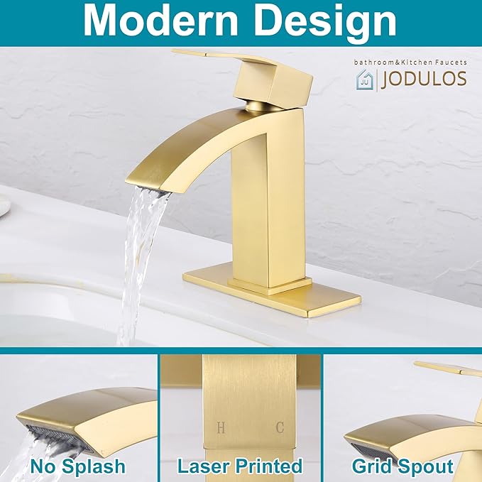 Gold Bathroom Faucet, Waterfall Bathroom Sink Faucet with cUPC Supply Hose and Pop Up Drain, Single Handle Single Hole Modern Faucet for Bathroom Vanity