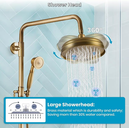 gotonovo Exposed Shower System Wall Mount,Antique Brass,Metal Handheld | 8” Rain Shower Head Faucet Set Fixtures,2 Function,Two Cross Handle,Height Adjustable,for 5-6.7" Hole,Indoor Victorian Retro