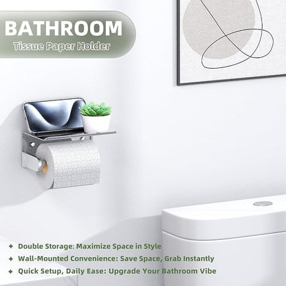 Polished Chrome Toilet Paper Holder with Phone Shelf, Wall Mounted | Sturdy 304 Stainless Steel, Fits Bathroom, Restroom, Powder Room, Heavy Duty Paper Roll & Tablet Storage Tissue Dispenser