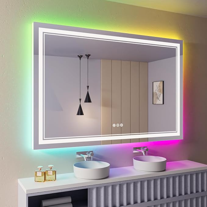 60x40 Inch RGB LED Bathroom Mirror with Lights | Front and RGB Backlit, Dimmable, Memory, Anti Fog, Shatterproof, Horizontal/Vertical, Lighted Mirrors for Bathroom Wall