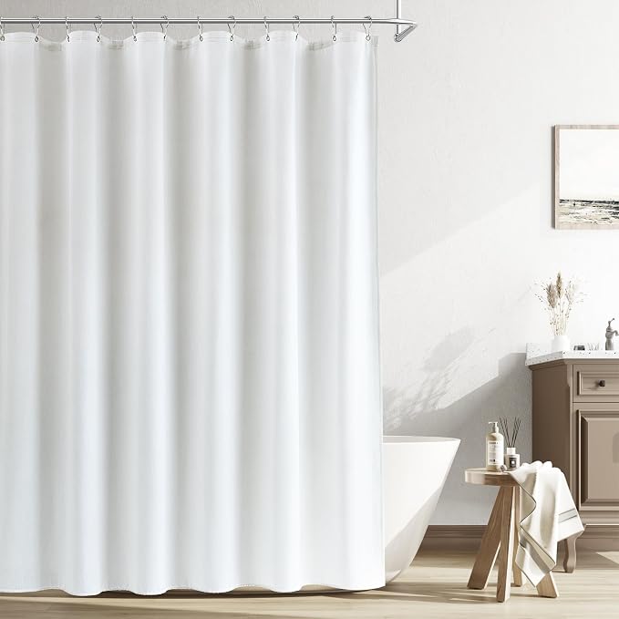80 Inch Long Shower Curtain, Tall Elegant Modern Farmhouse Country Style Hotel Shower Curtain Set with 12 Hooks, Linen Textured Weighted Fabric Bath Curtains for Bathroom, White, 72x80