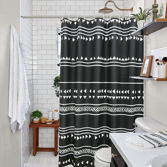 UPHOME Boho Black and White Fabric Tassel Triangle Stripes Geometric Shower Curtain Set with Hooks Chic Tribal Bathroom Decor Accessories (72X72 inch, Black)