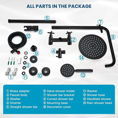 gotonovo Outdoor Shower 304 Stainless Steel, Matte Black, Cross Handle | Rain 8 Inch Outdoor Shower Head with Handheld Kit Fixtures System Faucet Set with Valve Wall Mount for Seaside Backyard Pool