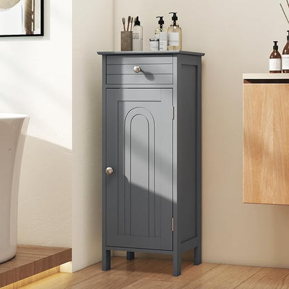 Giantex 34.5" Bathroom Cabinet with Drawer & Single Door (Grey) | Narrow Side Storage Organizer with 6 Shelf Positions, Freestanding Floor Storage Cabinet for Bathroom, Living Room, Entryway