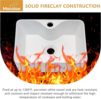 Mocoloo 16 Inch Rectangle Vessel Bathroom Sink with Faucet Hole 16"x12" White Ceramic Bathroom Sinks Above Counter Porcelain Hand Basin for Lavatory Room Rectangular Vanity Top Sink