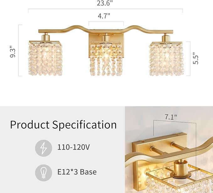 WUZUPS 3-Light Bathroom Light Fixture Over Mirror Morden Vanity Wall Sconces Light Clear Crystal Drop for Bedroom Living Room, E12 Base, Gold