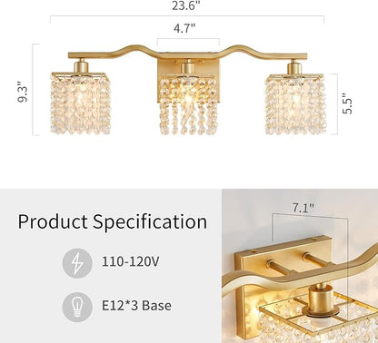 WUZUPS 3-Light Bathroom Light Fixture Over Mirror Morden Vanity Wall Sconces Light Clear Crystal Drop for Bedroom Living Room, E12 Base, Gold