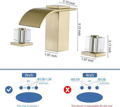 Brushed Gold Waterfall Bathroom Faucet 3 Hole Widespread Sink Faucet with Crystal Handles, Modern Bathroom Sink Faucet, 2 Handle Deck Mount Lavatory Faucet for Vanity Sink