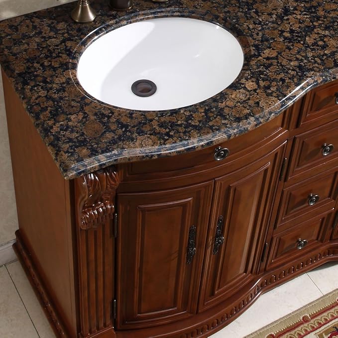 HYP-0223-BB-UWC-55 Granite Stone Top Double White Sink Bathroom Vanity with Furniture Cabinet, 55", Medium Wood