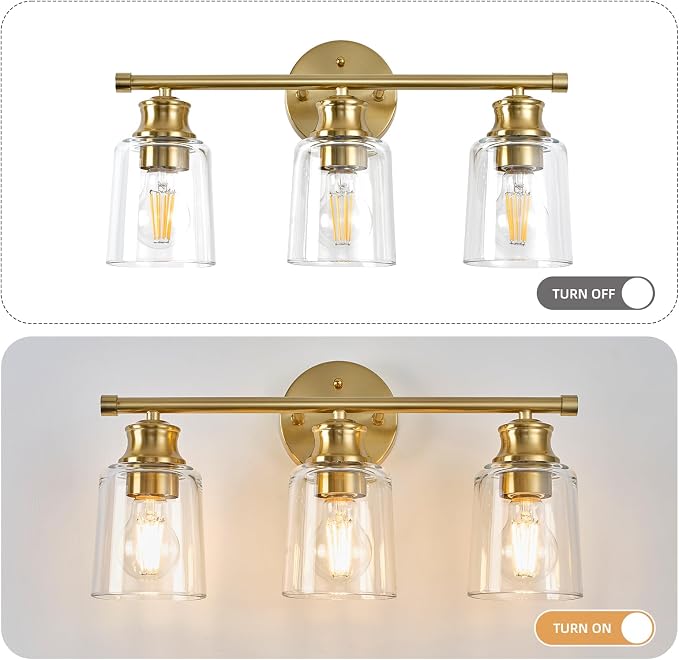 Bathroom Light Fixtures Over Mirror, 3 Lights Vanity Lights with Clear Glass Shade, 18.1" Gold Farmhouse Bathroom Wall Light Fixtures for Bedroom, Porch, Hotel, Mirror Cabinet