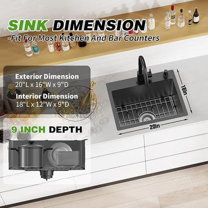 Black 20x16In Drop In Kitchen And Bar Sink, Stainless Steel, Single Bowl | Modern Topmount Bar Sink, Come With Accessory, ideal for small kitchens, bars, prep stations, and utility areas.