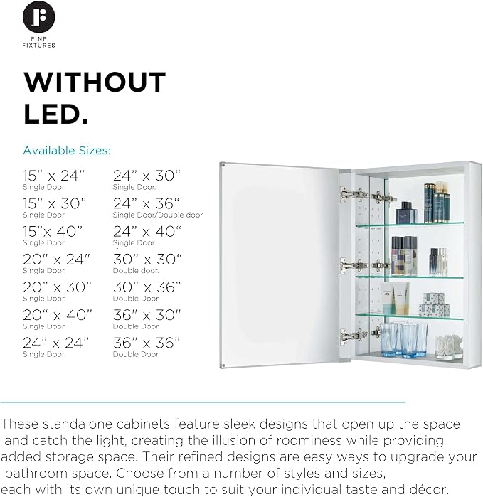Bathroom Medicine Cabinet - Single Door, Aluminum, Recessed/Surface Mount, 24" x 36", Right/Left Hinged, Mirrored Interior