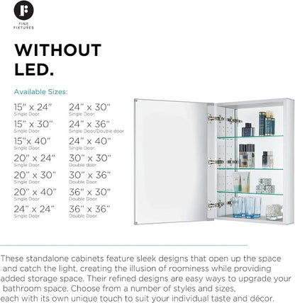 Bathroom Medicine Cabinet - Single Door, Aluminum, Recessed/Surface Mount, 24" x 36", Right/Left Hinged, Mirrored Interior