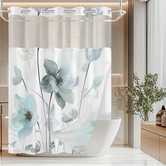 No Hook Shower Curtain and Liner Set, Teal Blue Boho Floral 71x84 | Watercolor Boho Flower, with Snap in Liner, Mesh Top Window, Waterproof, Machine Washable, Quick-Drying, for Hotel Bathroom