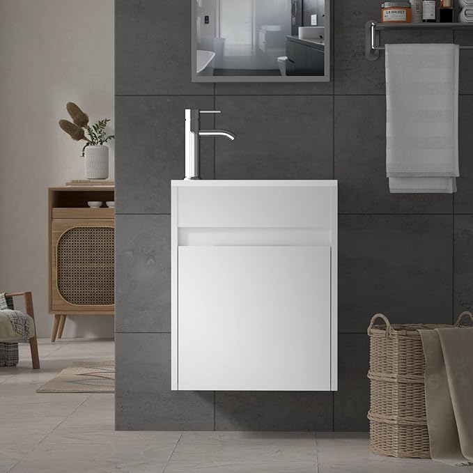 UEV Small Bathroom Vanity Wall Mounted, White, 16*9.8*20.3 in (L*W*H), Modern Style with Ceramic Sink and Chrome Faucet