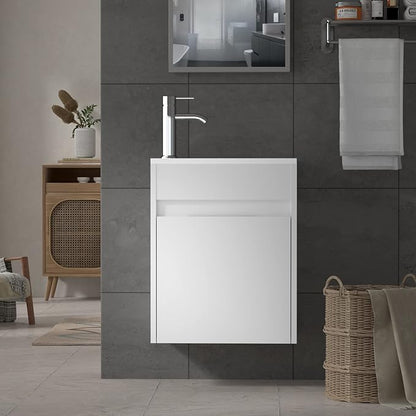 UEV Small Bathroom Vanity Wall Mounted, White, 16*9.8*20.3 in (L*W*H), Modern Style with Ceramic Sink and Chrome Faucet