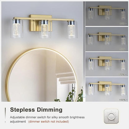 3-Light Bathroom Light Fixtures, Brushed Gold Dimmable Vanity Light with Clear Glass Shade, Crystal LED Bathroom Lights Over Mirror for Bedroom, Living Room, Hallway, Farmhouse