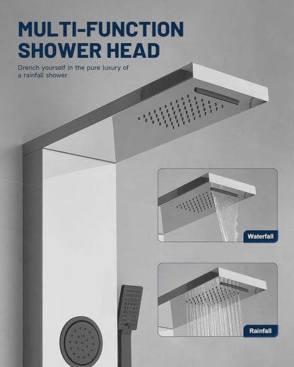 Homevacious 5 In 1 Shower Panel Brushed Nickel Shower Tower System with Rainfall Waterfall Shower Head 3 Body Jets Handheld Shower Head and Tub Spout Modern Massage Shower System