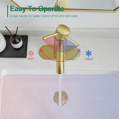 Bathroom Faucet Brushed Gold Modern Bathroom Sink Faucet, Single Handle Faucet for Sink, Vanity, RV, Lavatory, Suitable for 1 or 3 Holes, with Supply Deck Plate and Hose