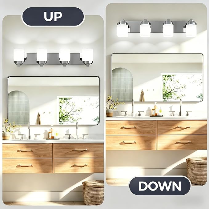 Modern Bathroom Vanity Lights, Bathroom Light Fixtures Over Mirror | 4-light chrome light fixture bathroom with milky white square glass shade, 29" farmhouse lighting fixtures lights for wall