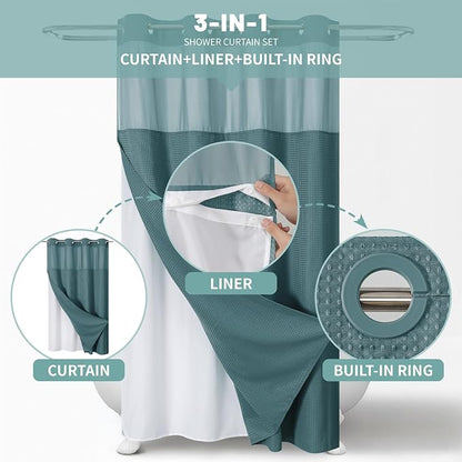 eachope SeawedGreen No Hook Waffle Weave Shower Curtain with snap-in Liner Replacement, 230GSM Waterproof Fabric Hotel Shower Curtain Set for Bathroom, Through Mesh Top Window,54Wx80H | 230GSM waffle weave fabric, waterproof liner set with 2 bottom mag...