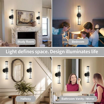 19.69" Modern Bathroom Wall Sconce Light Fixture, Black Glass Rod Vanity Light with E12 Base, Up or Down Mounting for Mirror Makeup Lighting (Bulbs Not Included)