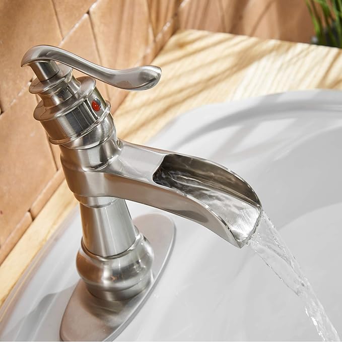 BWE Waterfall Bathroom Faucet Brushed Nickel with Pop Up Drain Parts Assembly and Supply Hose Rv Single-Handle Single Hole Vanity Lavatory Sink Commercial