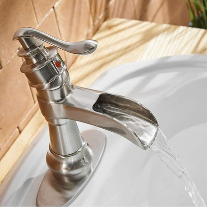 BWE Waterfall Bathroom Faucet Brushed Nickel with Pop Up Drain Parts Assembly and Supply Hose Rv Single-Handle Single Hole Vanity Lavatory Sink Commercial