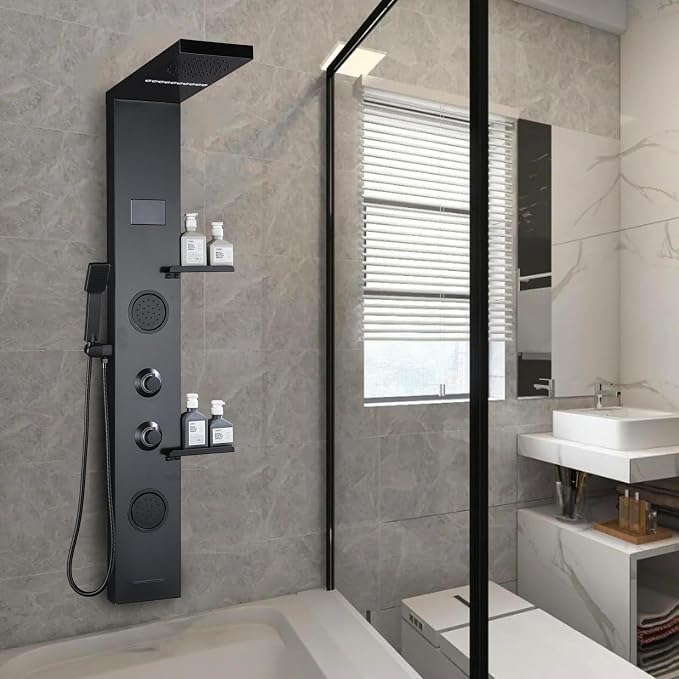 LCD Temperature Display Rainfall Shower Panels Tower System with Storage Shelf, Matte Black LED Light 304 Stainless Steel with Handheld Massage Body Jets Water Waterfall Bathtub