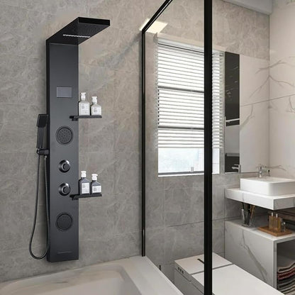 LCD Temperature Display Rainfall Shower Panels Tower System with Storage Shelf, Matte Black LED Light 304 Stainless Steel with Handheld Massage Body Jets Water Waterfall Bathtub