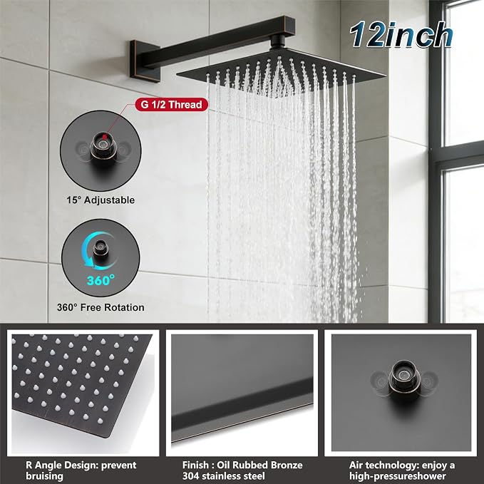 Midanya Shower System with Tub Spout,12 Inch Shower Head,Oil Rubbed Bronze | with Valve & Trim Kit,Square Rain Head,Handheld Sprayer,Waterfall Spout,All Metal Wall Mount Bathroom Shower Tub Faucet Set