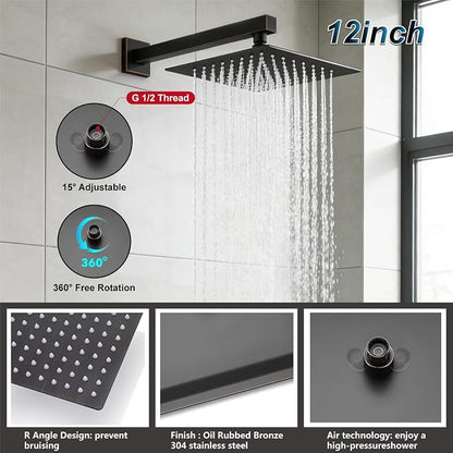 Midanya Shower System with Tub Spout,12 Inch Shower Head,Oil Rubbed Bronze | with Valve & Trim Kit,Square Rain Head,Handheld Sprayer,Waterfall Spout,All Metal Wall Mount Bathroom Shower Tub Faucet Set