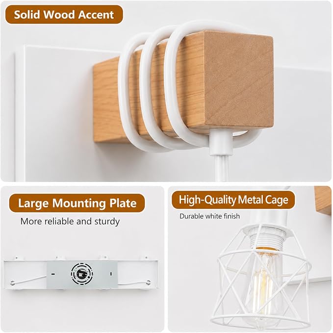 Farmhouse Vanity Light Fixture,3-Light Bathroom Lighting,White Modern Wood Wall Light Over Mirror with Metal Shade,Bulbs NOT Included