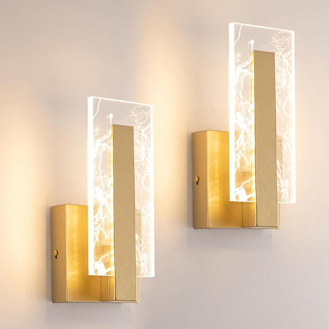 Modern Wall Sconces Set of Two, Hardwired Gold Wall Light Lighting, 3000K Warm White Acrylic Shade Wall Light Fixture, Indoor Wall Mounted Lamp for Hallway Bedroom Corridor Stairs Bathroom