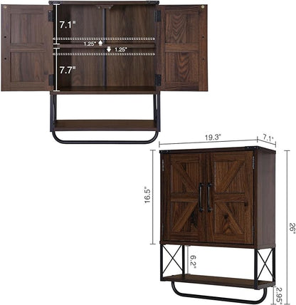 RUSTOWN Farmhouse Medicine Cabinet with 2 Barn Door,Wood Wall Mounted Storage Cabinet with Adjustable Shelf and Towel Bar, 3-Tier Bathroom Cabinet for Bathroom, Living Room(Dark Walnut, Medium)