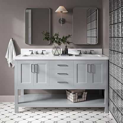DKB Olivia 60" Grey Double Bathroom Vanity, 1.5" Edge Pure White Quartz Countertop, Rectangular Undermount Sinks, 4 Soft Closing Doors, 3 Full Extension Dovetail Drawers, Open Shelf