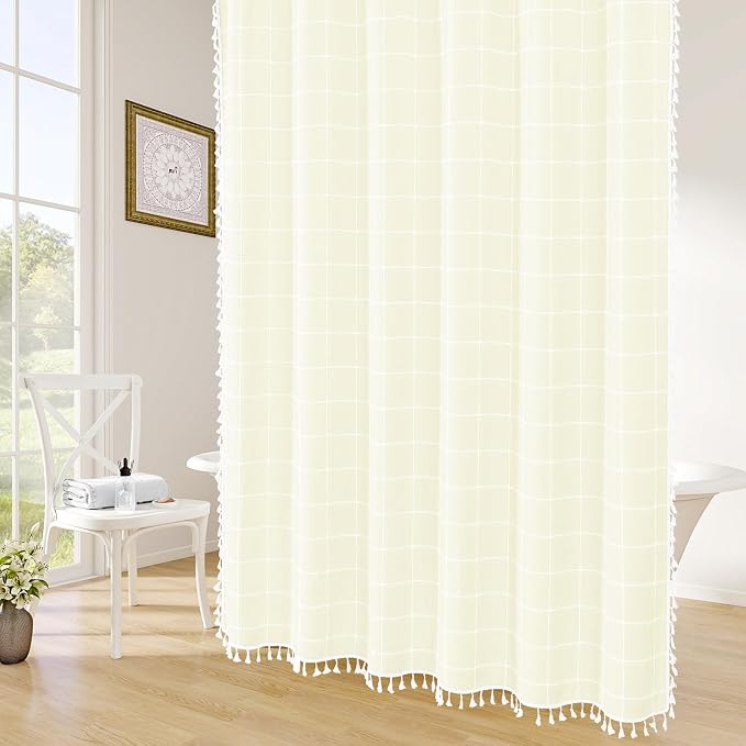 Ivory Boho Farmhouse Shower Curtain for Bathroom 72x72 | 320 GSM French Country Plaid Tassel Shower Curtain, Rustic Aesthetic Bathroom Decor Windows Curtain