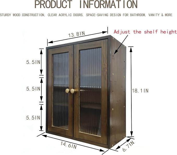 Brown Bamboo Countertop Cabinet Ribbed Glass Doors Adjustable Inner Shelves | 14.6"W×6.7"D×18.1"H magnetic double door cabinet,removable partition,for perfume essential oil kitchen pantry display storage