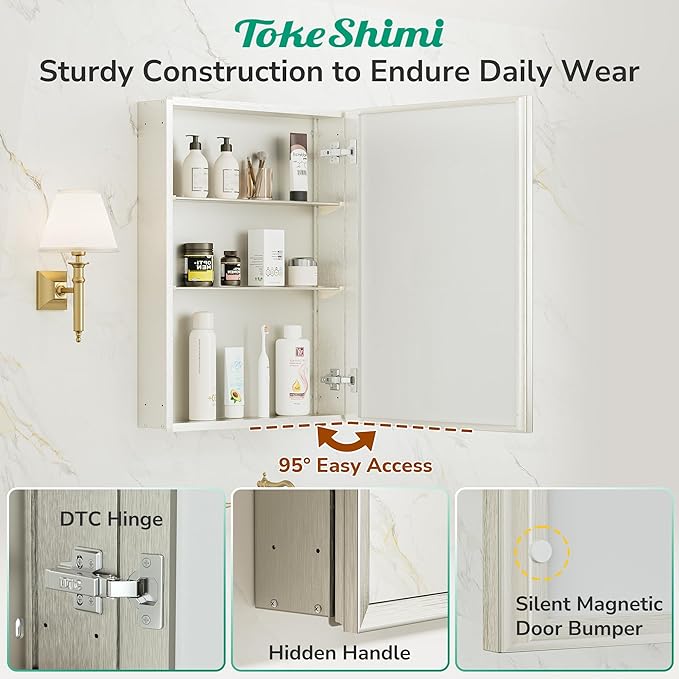 TokeShimi 36 x 24 Nickel Recessed Medicine Cabinet, Assembly Required, Bathroom Mirror Medicine Cabinet, Lightweight Aluminum Frame， Stepless Adjustable Shelves, Tempered Glass