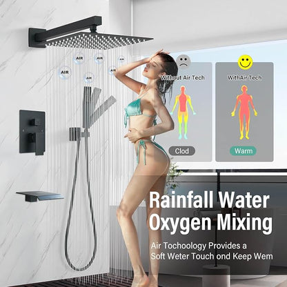 Matte Black Shower System with Tub Spout,All Metal Bathtub Shower Faucet Set With 10-Inch High Pressure Rainfall Head and Handheld Sprayer,Wall Mount for Bathroom Remodel