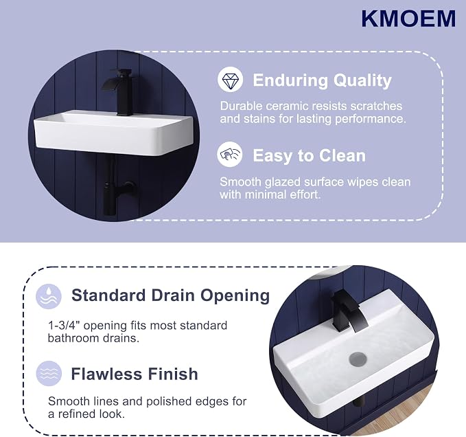 Wall Mount Bathroom Sink 21"x12" Small Vessel Sink Wall Mounted Rectangular Wall Hung Mini White Porcelain Ceramic Floating Tiny Sink,Easy Install, Durable, Space-Saving, Ideal for Home,RV