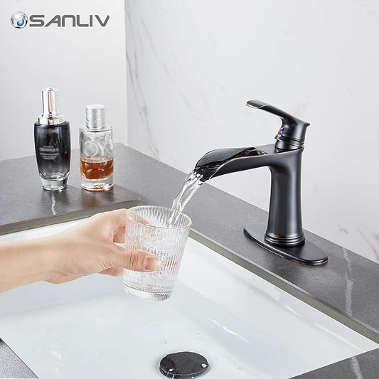 Oil Rubbed Bronze Bathroom Faucet, Sanliv Waterfall Faucet for Bathroom Sinks 1 or 3 Hole, Single Handle Vanity Faucets with Pop Up Drain Deck Plate Supply Hoses, ORB