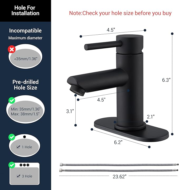 KPW Bathroom Sink Faucet Matte Black, Single Handle Stainless Steel Deck Mount, 1 or 3 Hole, with Pop-Up Drain with Overflow
