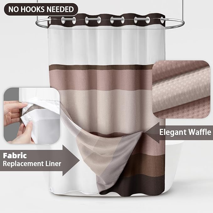 No Hook Shower Curtain with Liner Set Hotel Waffle Brown Striped 72W X 75L | Washable Snap in Fabric Liner, Mesh Top Window, Waffle Hotel Style Shower Curtain Set