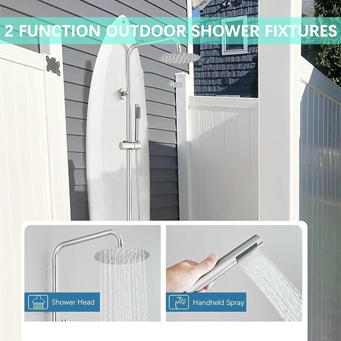 Rain Shower System Outdoor Shower Fixtures with 8" Rain Shower Head Handheld Sprayer Single Handle Wall Mounted Bathroom Shower Faucet Set Brushed Nickel for Bathroom or Backyard