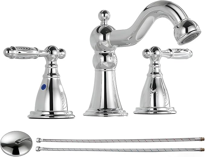 RKF Bathroom Faucets for Sink 3 Chrome 8 inch Widespread Bathroom Sink Faucet with Drain Double Lever Handle Faucet Bathroom Vanity Faucet Basin Mixer Tap WF013-C