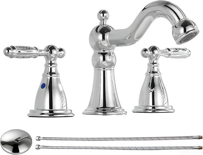 RKF Bathroom Faucets for Sink 3 Chrome 8 inch Widespread Bathroom Sink Faucet with Drain Double Lever Handle Faucet Bathroom Vanity Faucet Basin Mixer Tap WF013-C