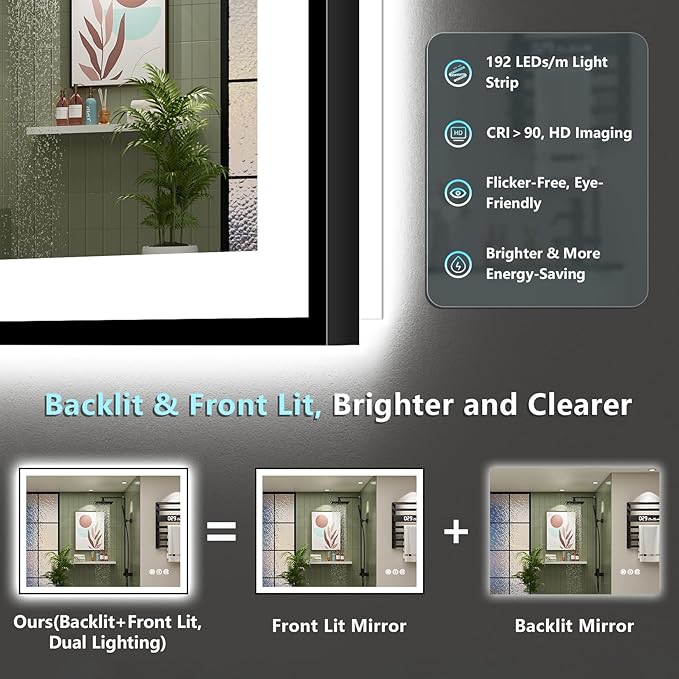 48x32 Black Framed LED Bathroom Mirror with Lights, Backlit and Front Lit Anti-Fog Lighted Vanity Mirrors for Bathroom Wall, Dimmable, 3 Colors, Memory, HD Tempered Glass, Horizontal/Vertical